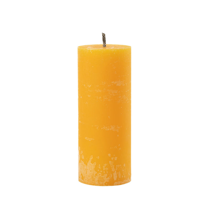 Medium Mahe Yellow Outdoor Candle standing upright with outdoor-ready design.