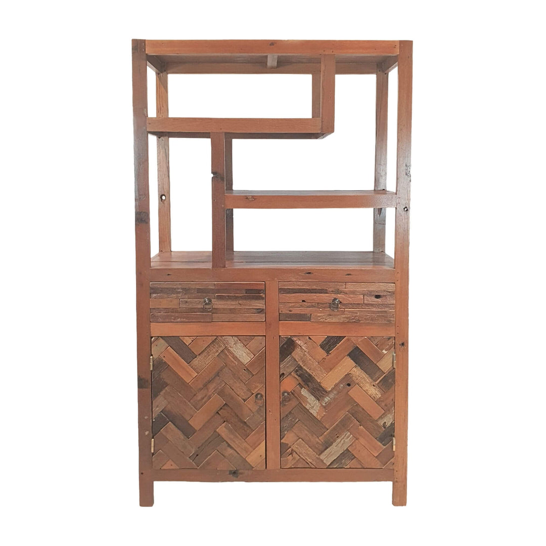 Front view of Maia reclaimed teak wood bookcase with geometric shelves