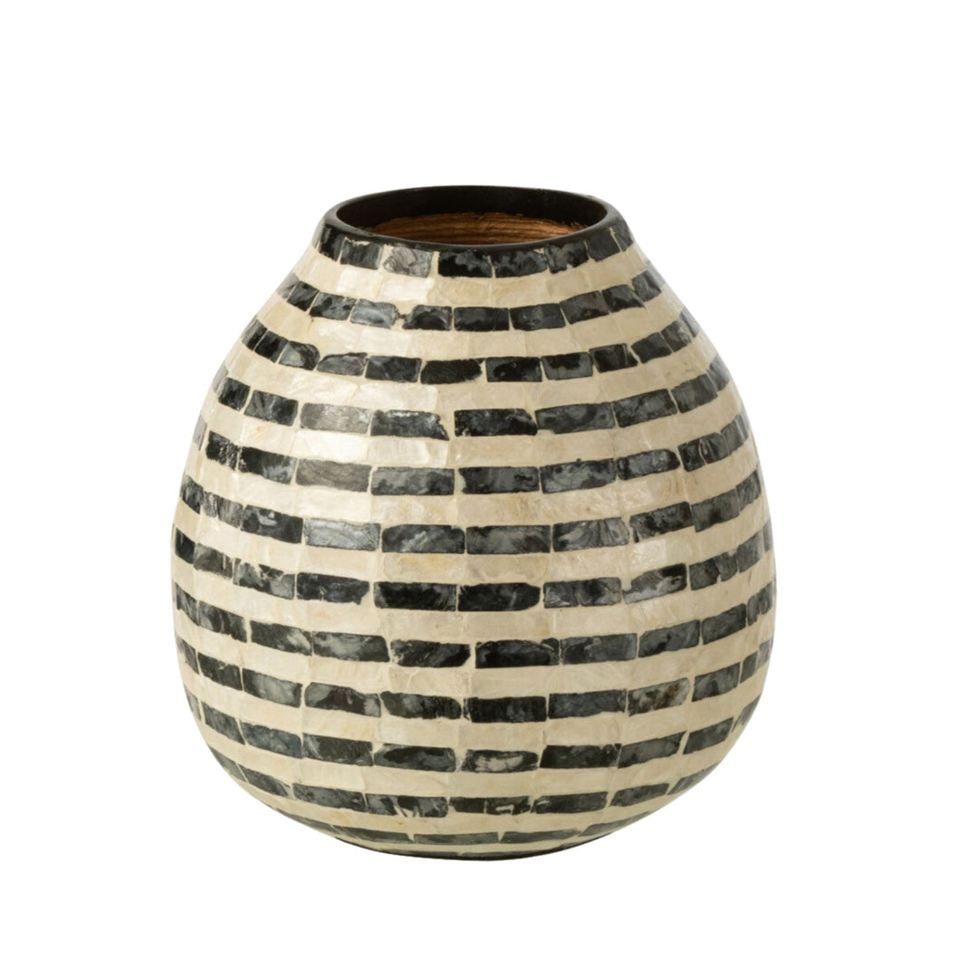 Front view of the Mai capiz vase with rounded shape and black striped shell pattern.