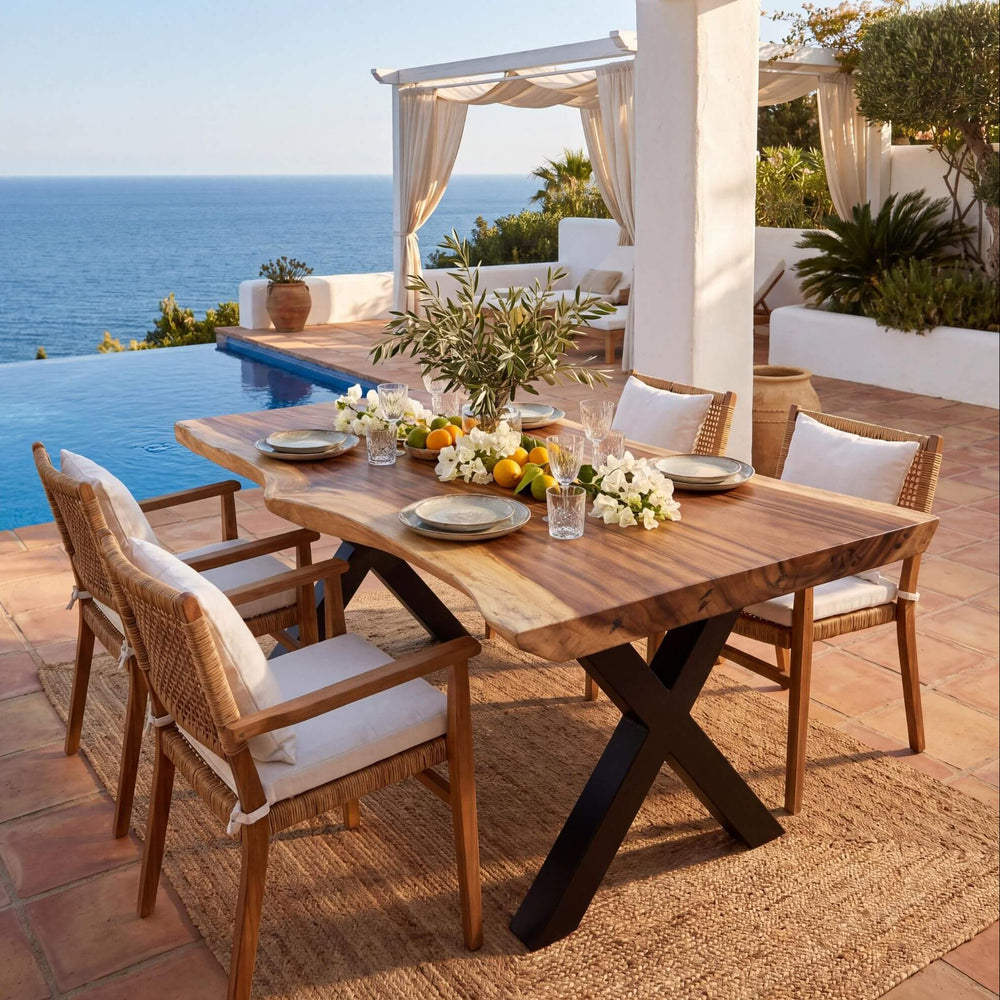 Styled outdoor-inspired dining setting featuring the Makai table in a warm Mediterranean space.