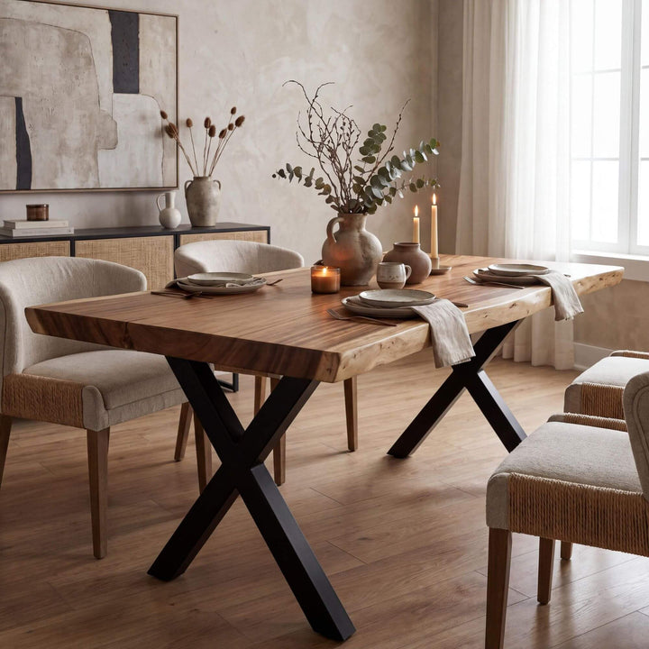 Styled interior dining setting featuring the Makai suar wood table with a sculptural black metal base.