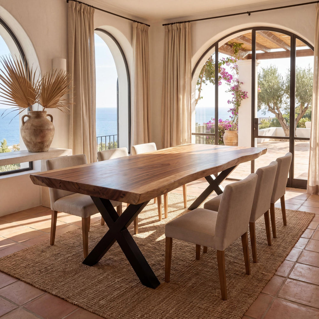 Styled interior dining setting featuring the Makai suar wood table with a sculptural black metal base.