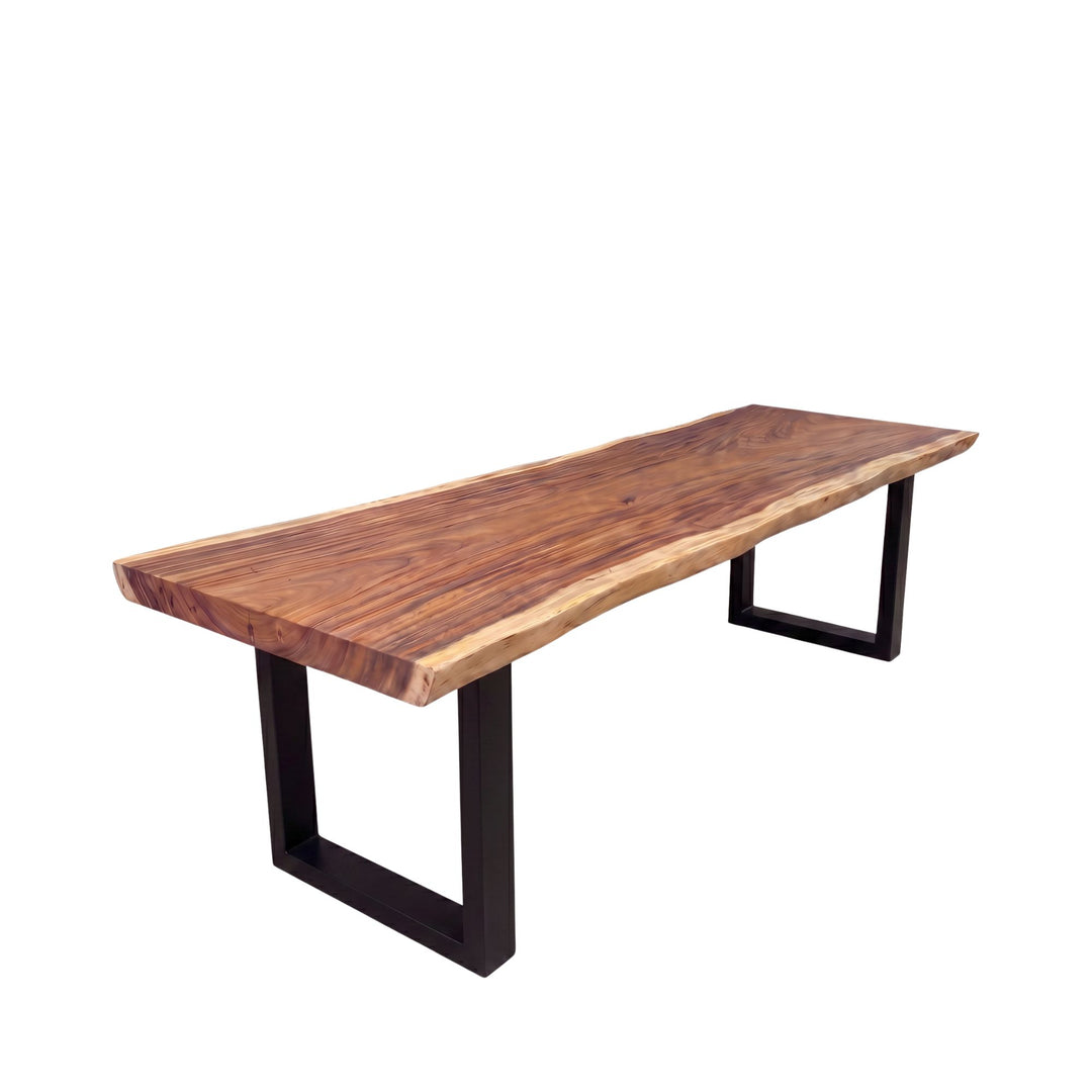 Front angled view of the dining table highlighting its solid wood top and clean black metal rectangular base.
