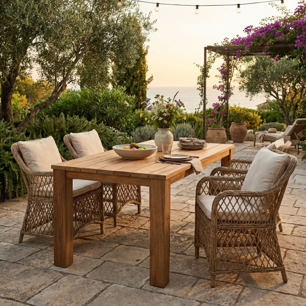 Styled outdoor dining setting featuring the Maldives table surrounded by chairs in a garden environment.