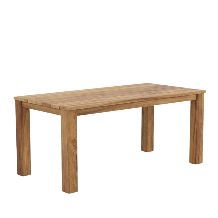 Front view of the Maldives dining table showcasing its clean rectangular shape and natural iroko wood finish.