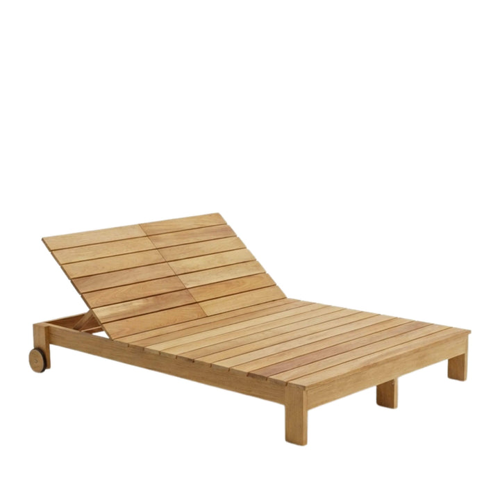 Side view of the Maldives double sunbed highlighting its solid teak frame and reclining mechanism.