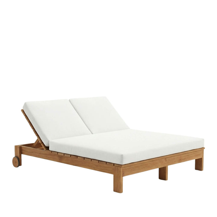 Double Maldives sunbed in natural teak wood with adjustable backrest and clean outdoor design.