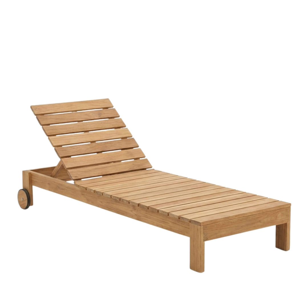 Side view of the Maldives sunbed highlighting the adjustable backrest and teak slatted structure.