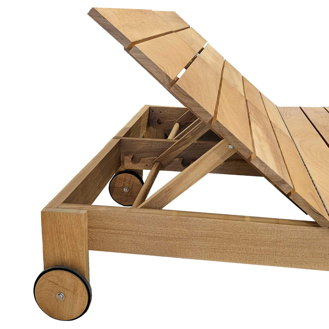 Detail of the Maldives sunbed wheels and teak wood finish designed for easy movement outdoors.