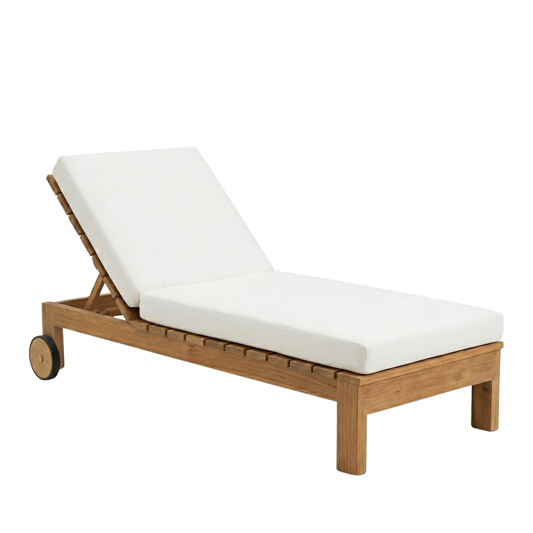 Front view of the Maldives single sunbed featuring a solid teak wood frame and light outdoor cushion.