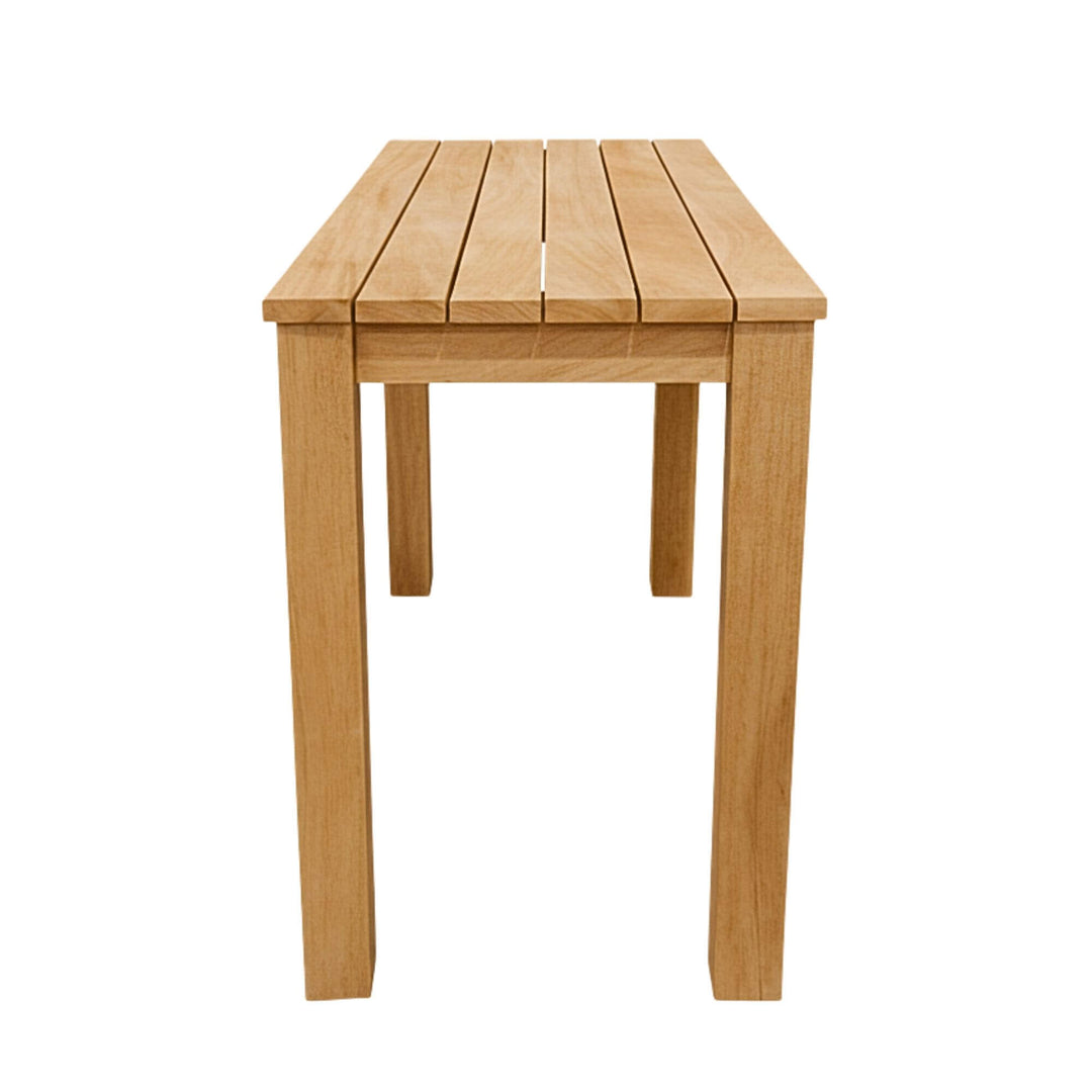 Side view of the iroko bar table highlighting its height and structure.