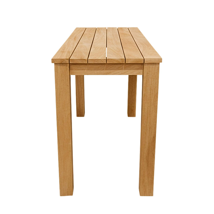 Side view of the iroko bar table highlighting its height and structure.