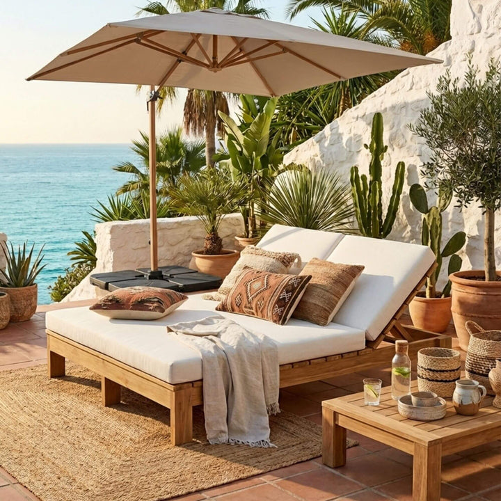 Outdoor poolside setting featuring the Maldives double sunbed with white cushions and teak structure.