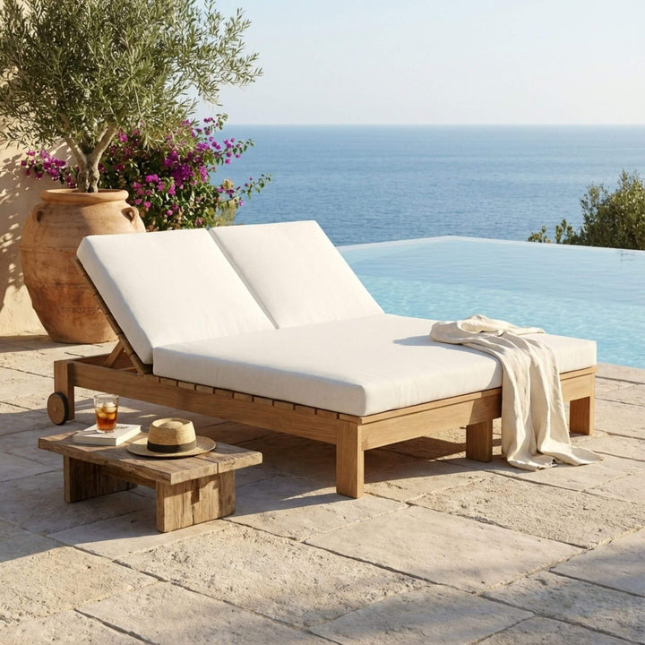 Outdoor poolside setting featuring the Maldives double sunbed with white cushions and teak structure.