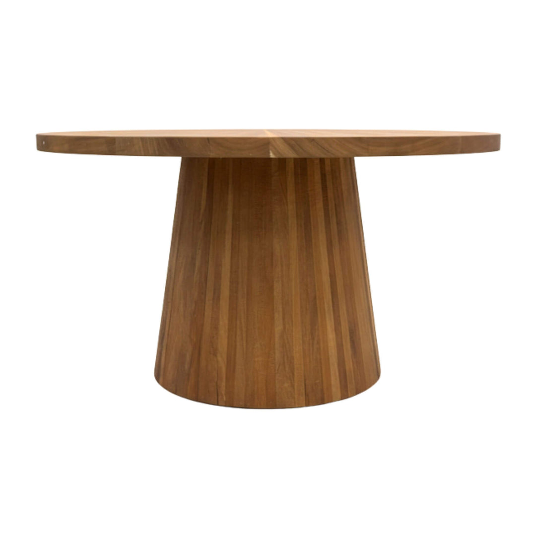 Side view showing the tapered conical legs of the Maldives recycled teak table.