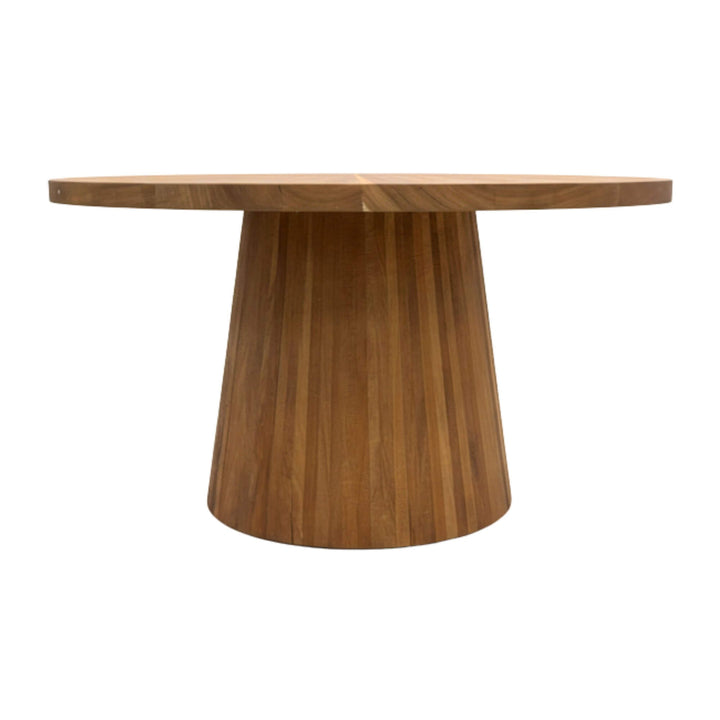 Side view showing the tapered conical legs of the Maldives recycled teak table.