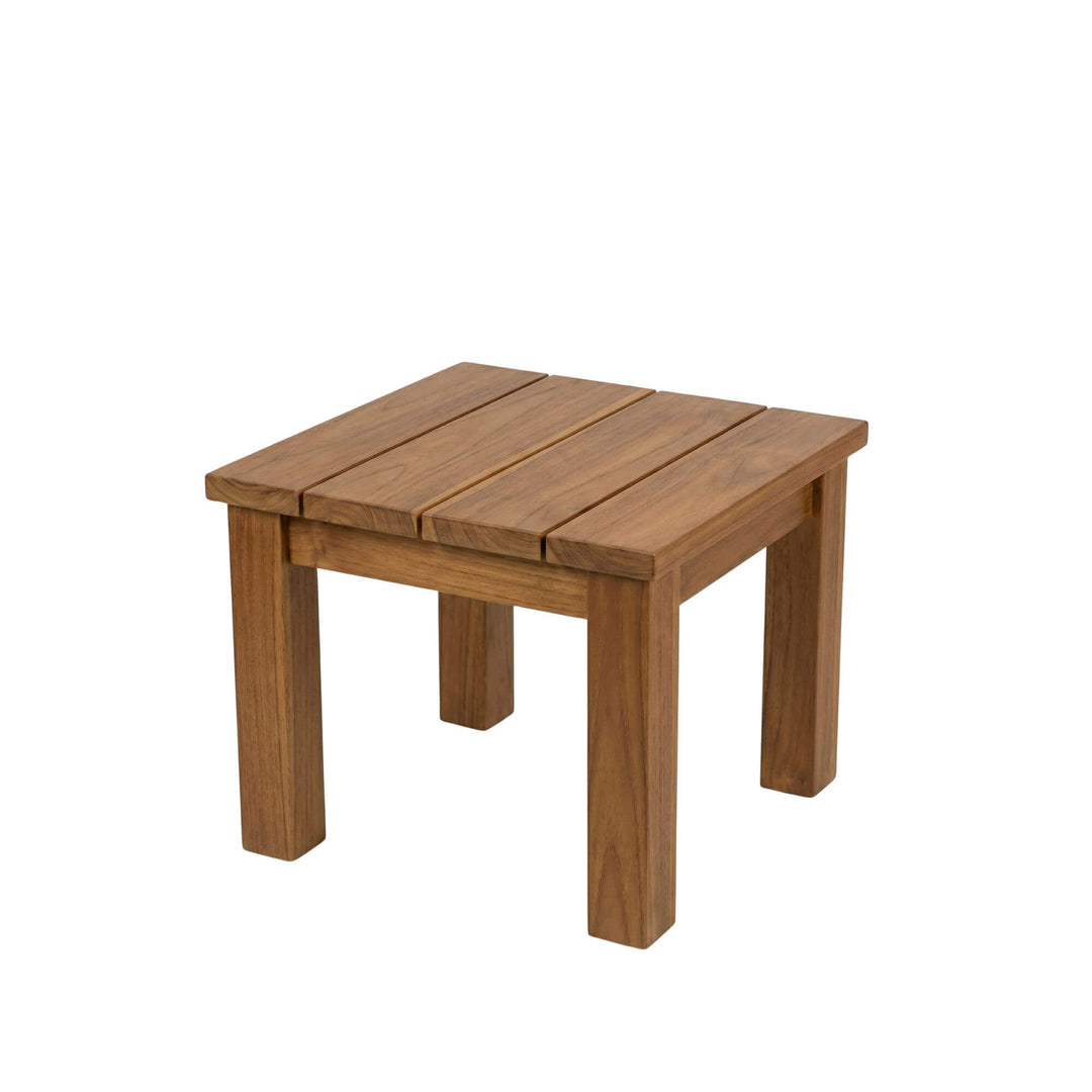 Front view of the compact Maldives side table showcasing its square iroko wood design and slatted top.