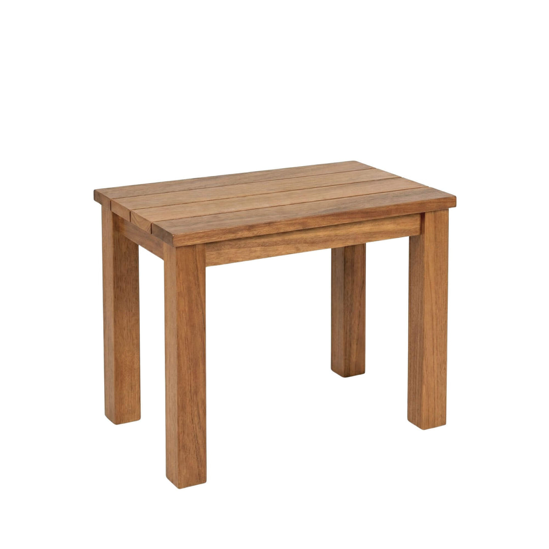 Front view of the Maldives side table showcasing its solid iroko wood construction and slatted top.