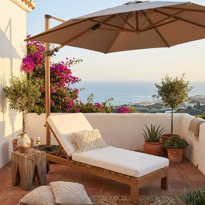 Outdoor setting with the Maldives sunbed placed on a terrace, showcasing its relaxed lounge design.