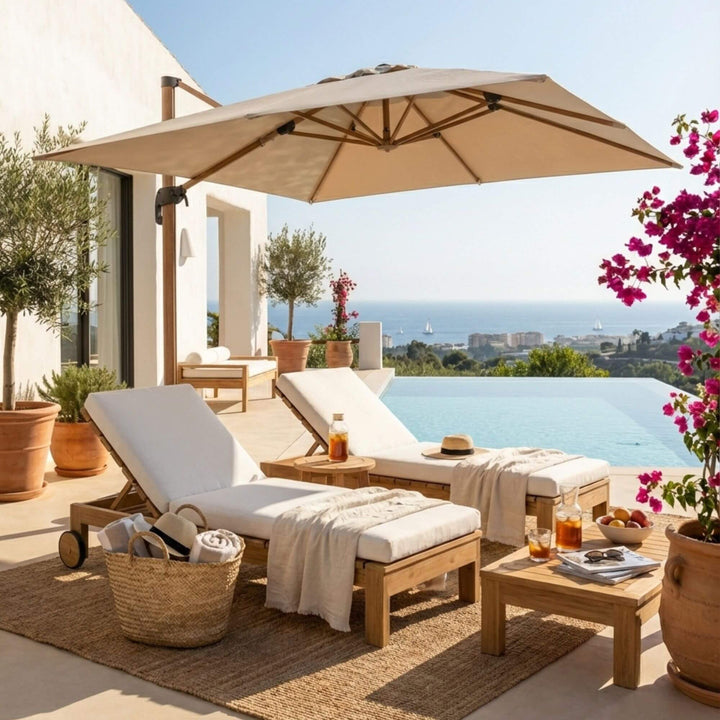 Outdoor setting with the Maldives sunbed placed on a terrace, showcasing its relaxed lounge design.