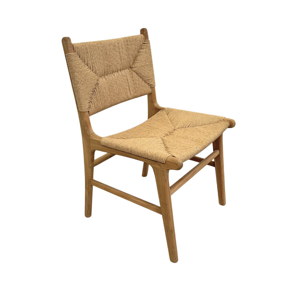 Angled view showing the sculpted teak frame and backrest weave