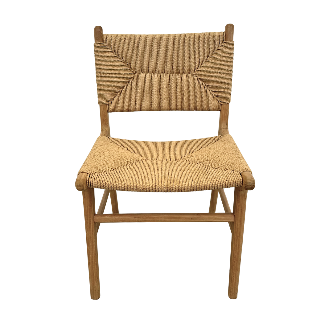 Front view of Male dining chair in teak with woven paper-loom seat