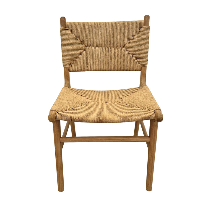 Front view of Male dining chair in teak with woven paper-loom seat