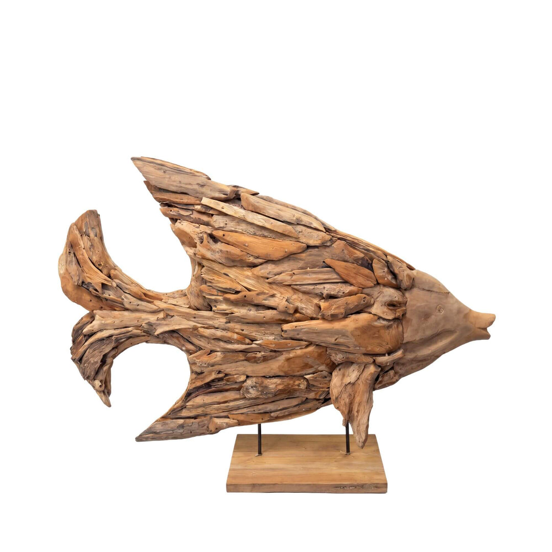 Front view of the Male Fish Stand showing its sculptural fish shape in reclaimed teak wood on a wooden base.