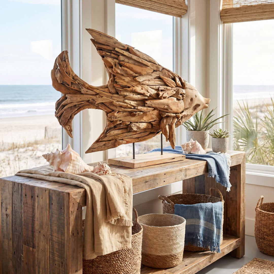 Styled interior setting featuring the Male Fish Stand as a coastal decorative statement on a console table.
