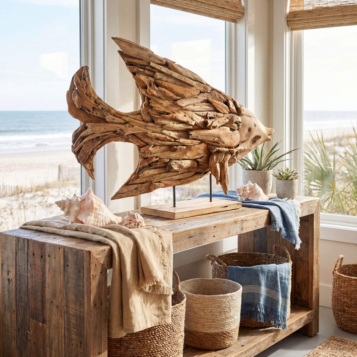 Styled interior setting featuring the Male Fish Stand as a coastal decorative statement on a console table.
