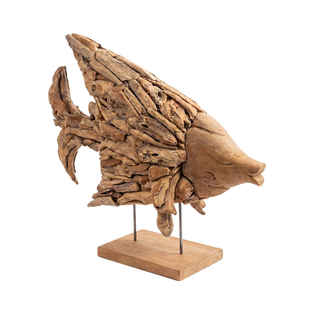 Front angled view of the fish sculpture highlighting its layered reclaimed teak wood texture and artisanal form.