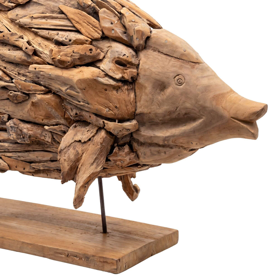 Close-up detail of the fish head and body showing the handcrafted reclaimed wood composition and natural texture.