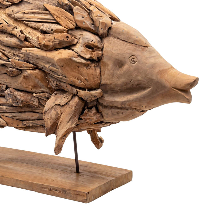 Close-up detail of the fish head and body showing the handcrafted reclaimed wood composition and natural texture.