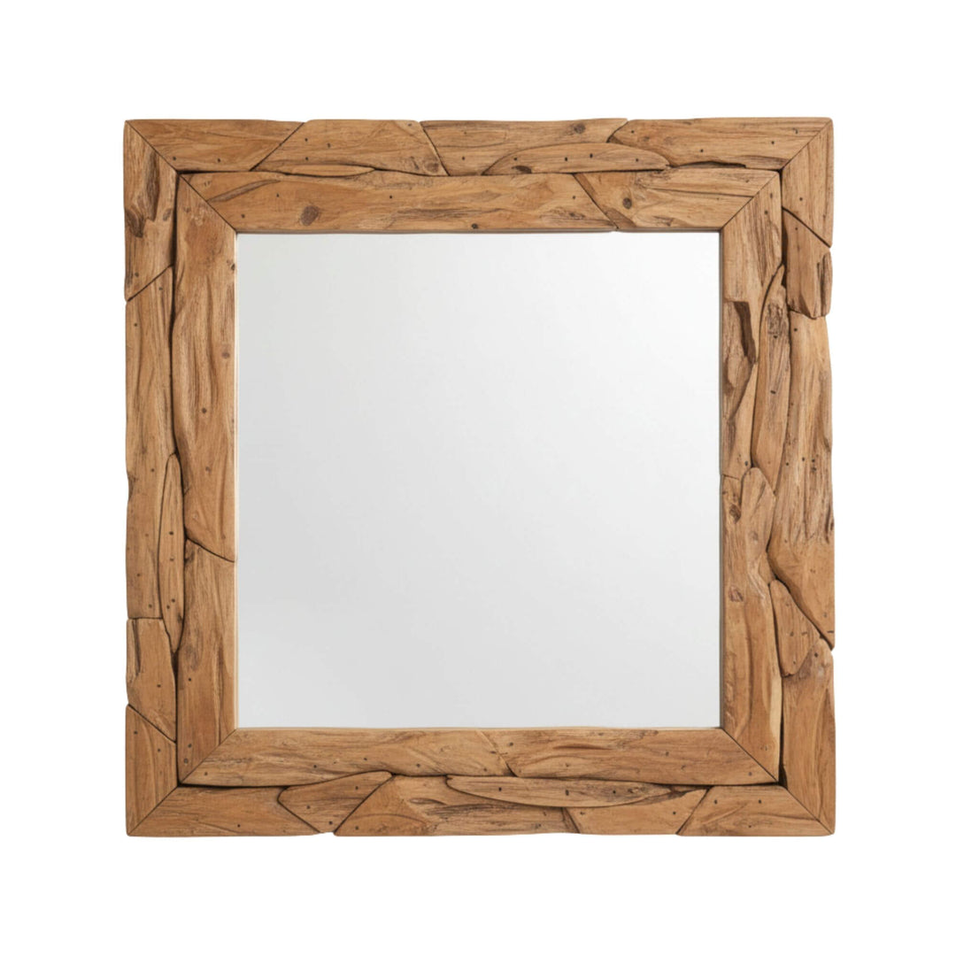 Front view of the Male Square Mirror made from natural reclaimed teak wood.