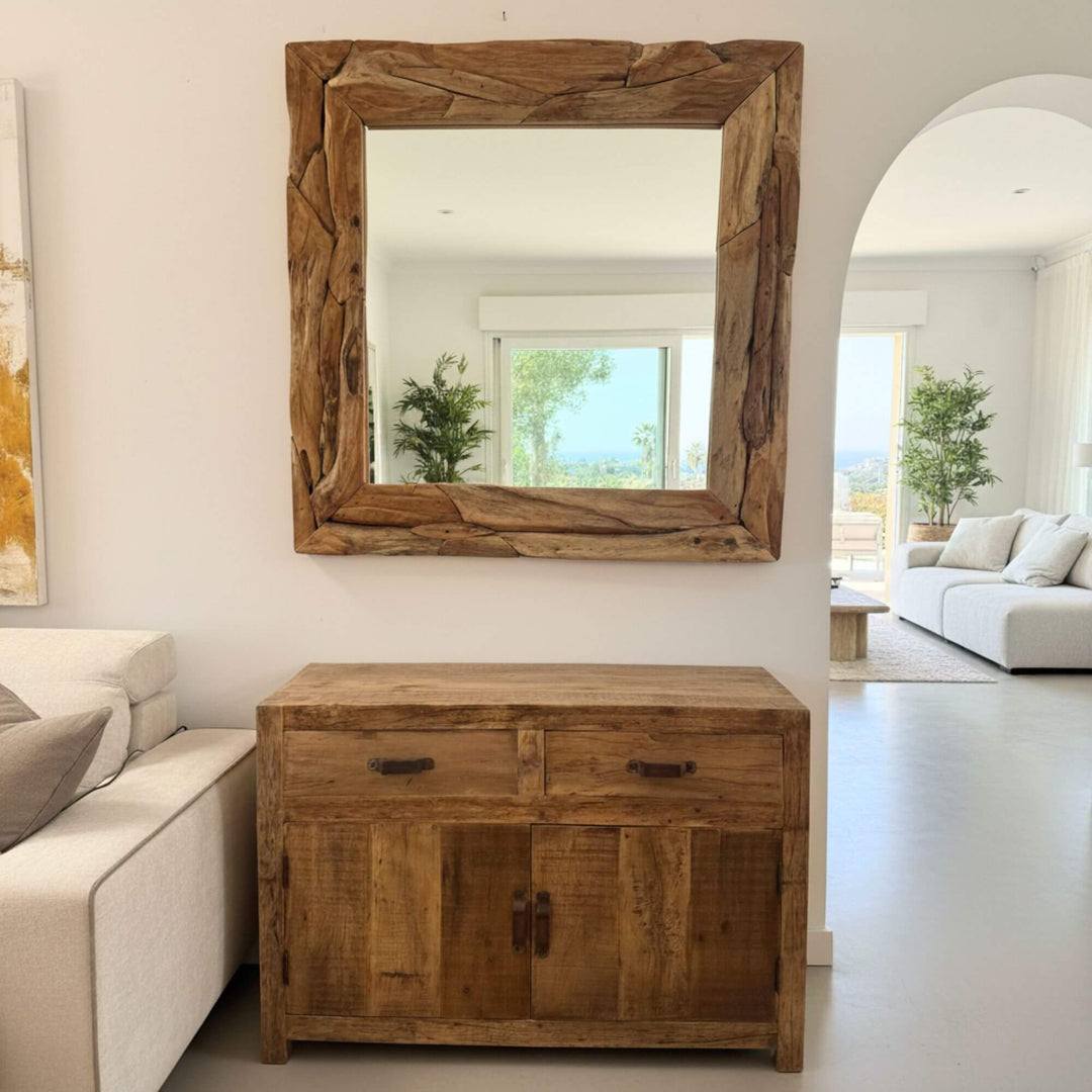 Interior setting featuring the Male Square Mirror above a teak console.