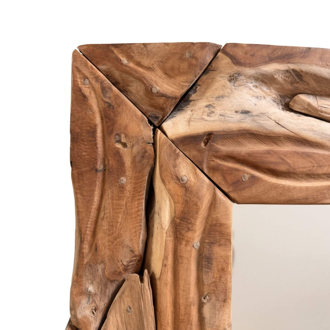 Corner detail of the Male Square Mirror highlighting natural textures.