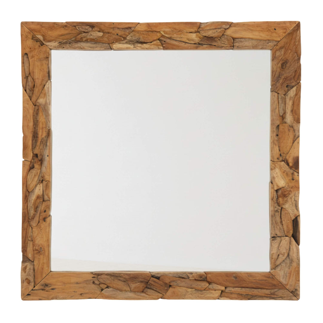 Front view of the Large Male Square Mirror made from natural reclaimed teak wood.