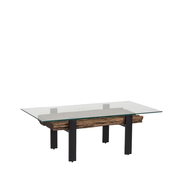 Angled view of the Mali coffee table showcasing the glass top and reclaimed wood core with metal legs.