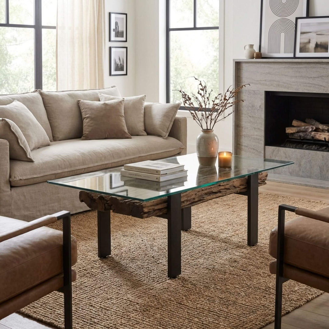 Styled living room setting featuring the Mali coffee table as a modern industrial centerpiece.