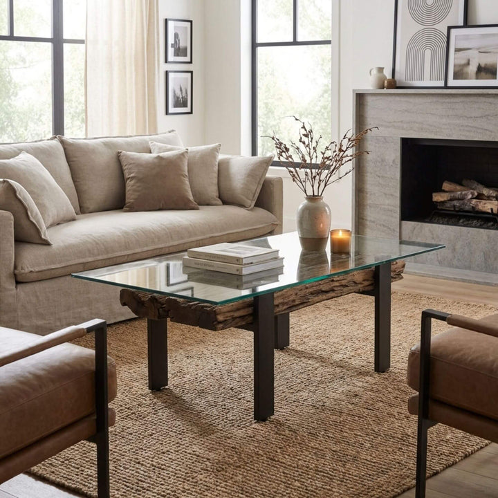 Styled living room setting featuring the Mali coffee table as a modern industrial centerpiece.