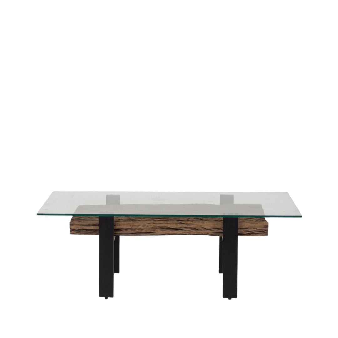 Front view of the Mali coffee table showcasing the glass top and reclaimed wood core with metal legs.