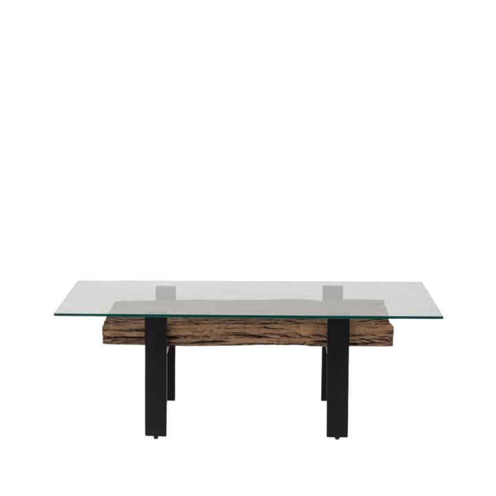 Front view of the Mali coffee table showcasing the glass top and reclaimed wood core with metal legs.