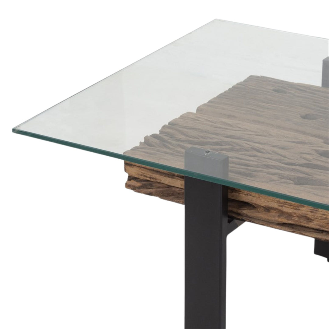 Close-up detail of the reclaimed wood texture visible beneath the glass top.