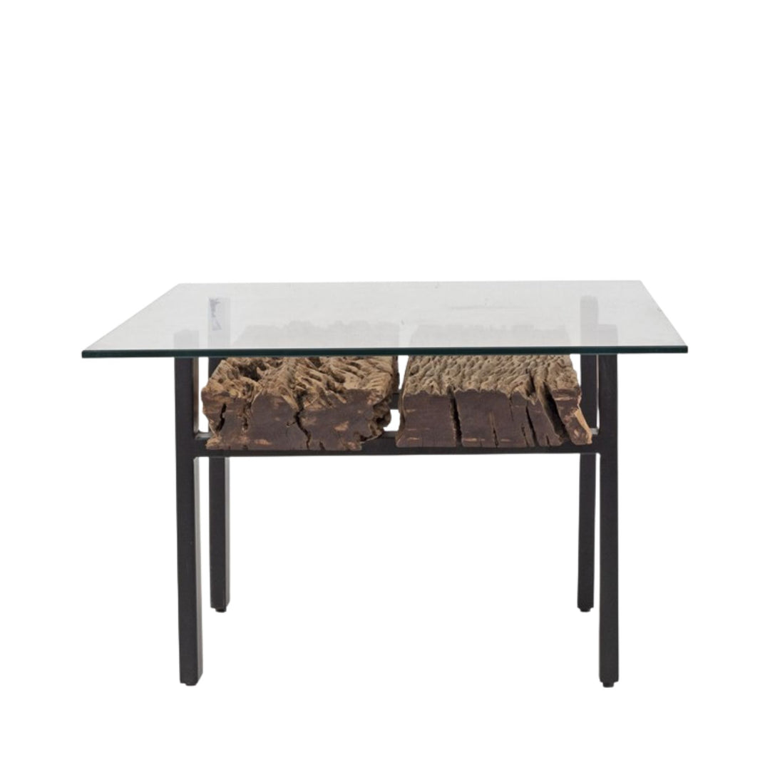 Side view highlighting the contrast between reclaimed wood, black metal legs, and glass surface.