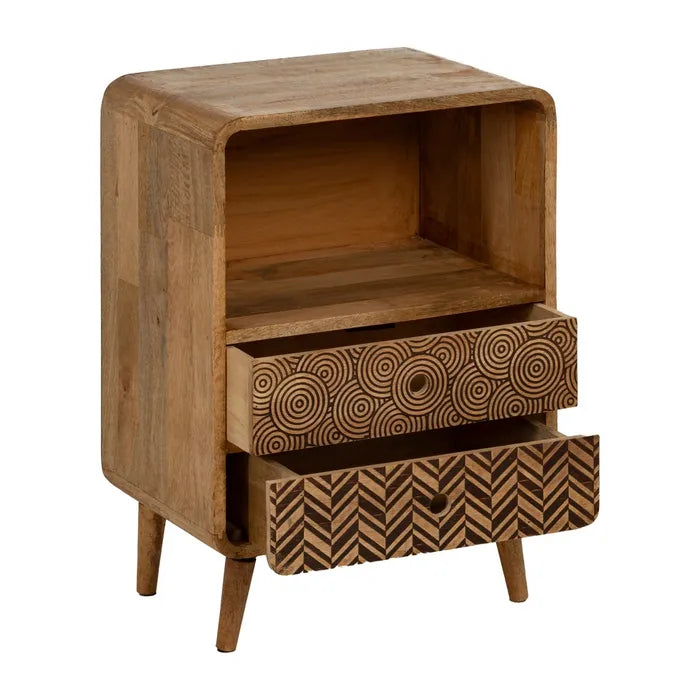 Angled view of the Maluku bedside table showing open shelf and patterned drawers.