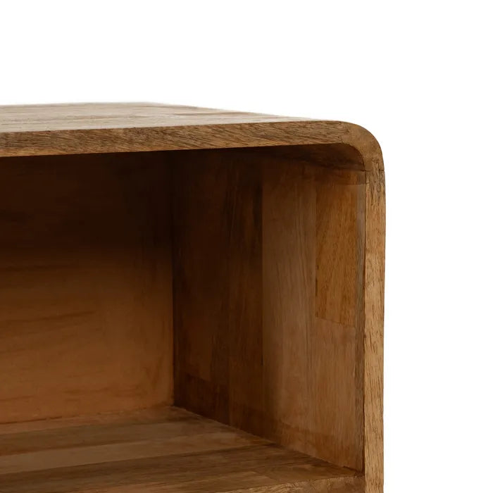 Angled view of the Maluku bedside table showing open shelf