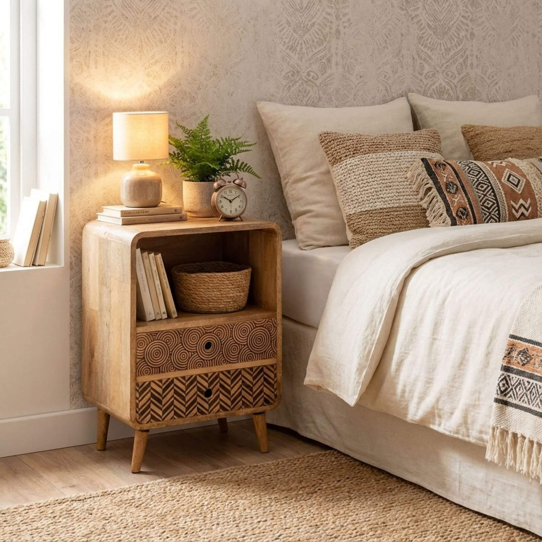 Nursery room with wooden Maluku bedside table, books, lamp, and decorative items.