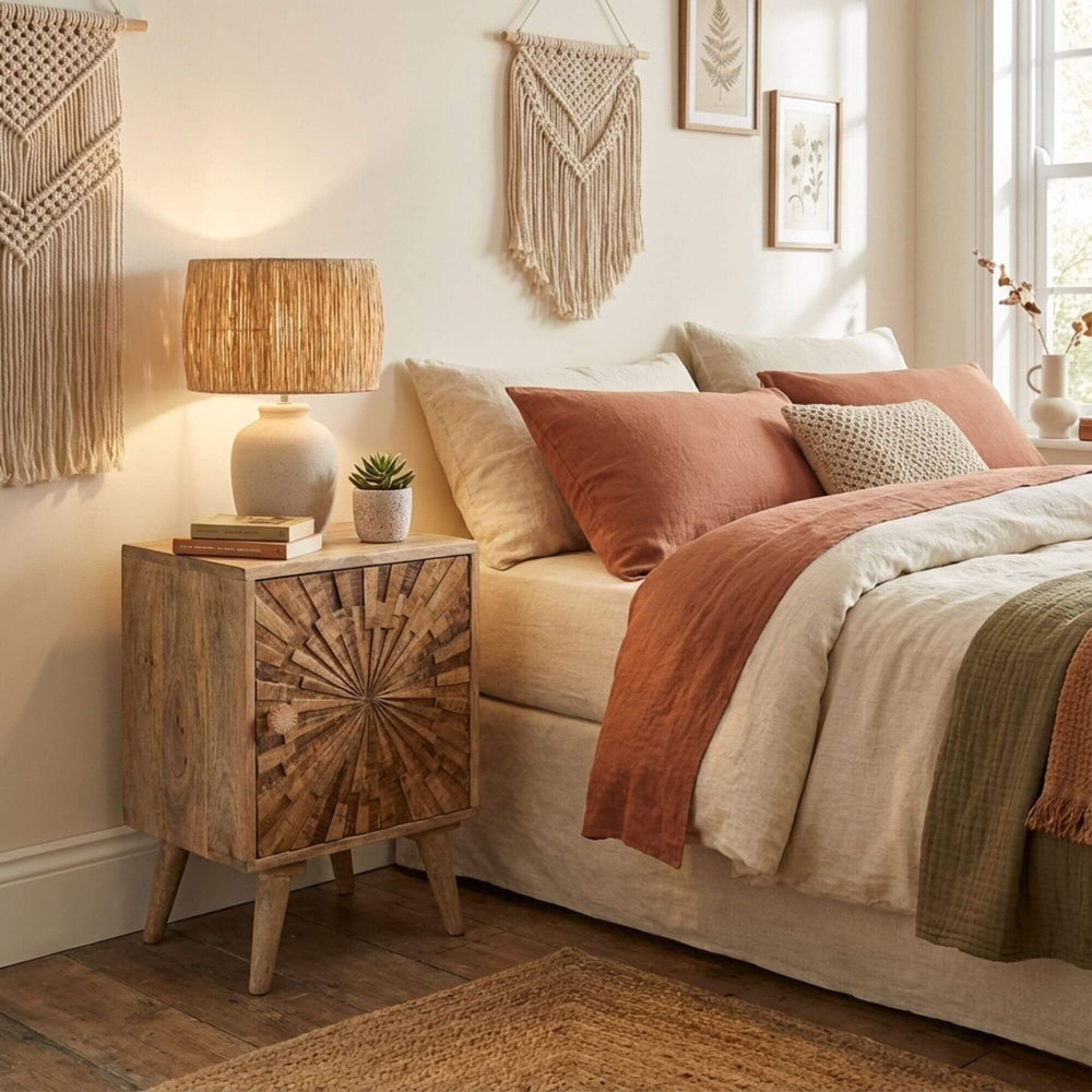 Styled bedroom scene featuring the Mandalay bedside table next to a bed.