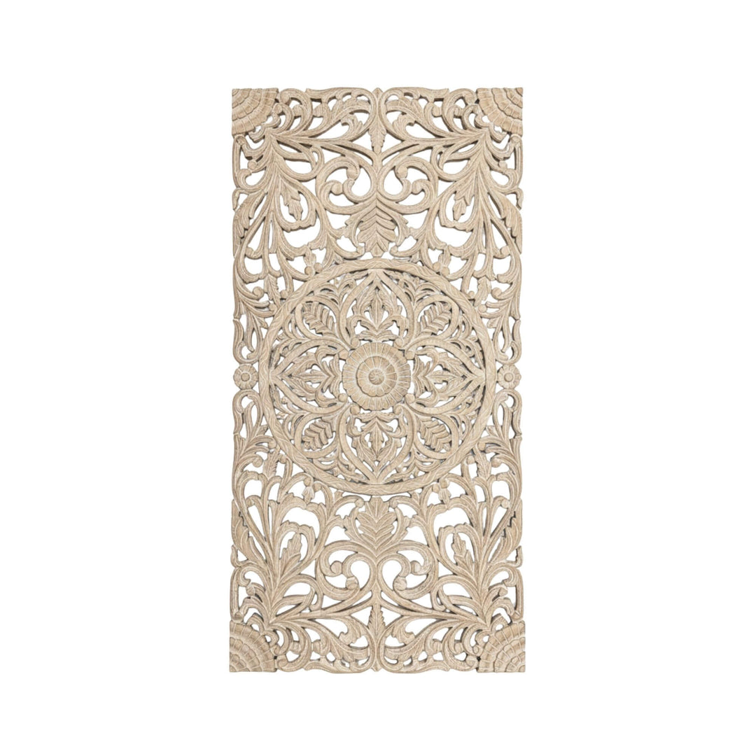 Full view of the handcrafted Mandala Panel in white-washed reclaimed wood.