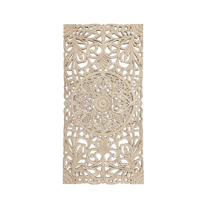 Full view of the handcrafted Mandala Panel in white-washed reclaimed wood.